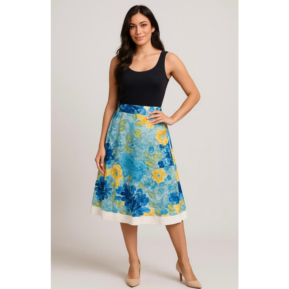 Womens Jex Concepts Blue Floral A-Line Midi Skirt Linen Blend 14 Whimsical Artsy
